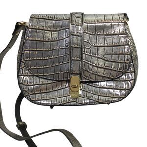 Brahmin Womens Croc Pattern Saddle Crossbody Bag Workwear Gray Silver Gold